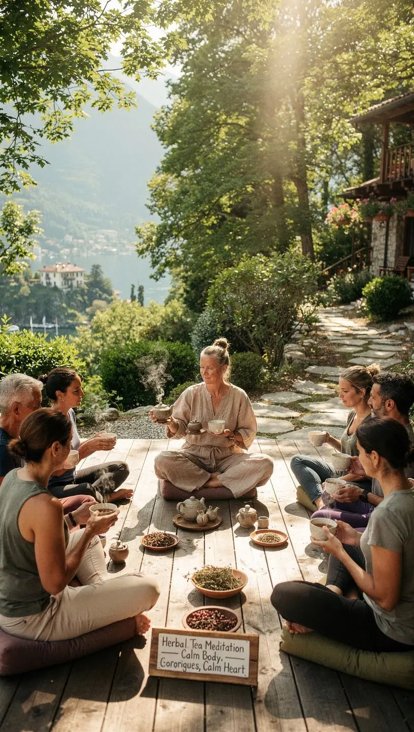 Infuso di tè verde in una teiera con erbe aromatiche e fiori.