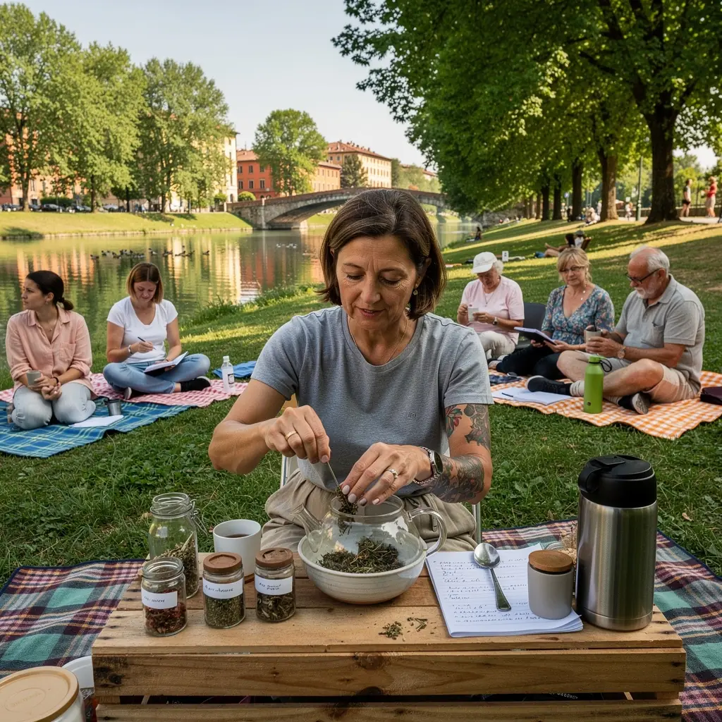 Tazza di tè fumante con foglie di tè e limone su un tavolo di legno.